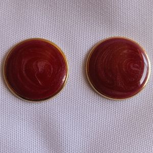 Vintage Enamel Glitter Metallic Sparkly Maroon Swirl Circle Earrings